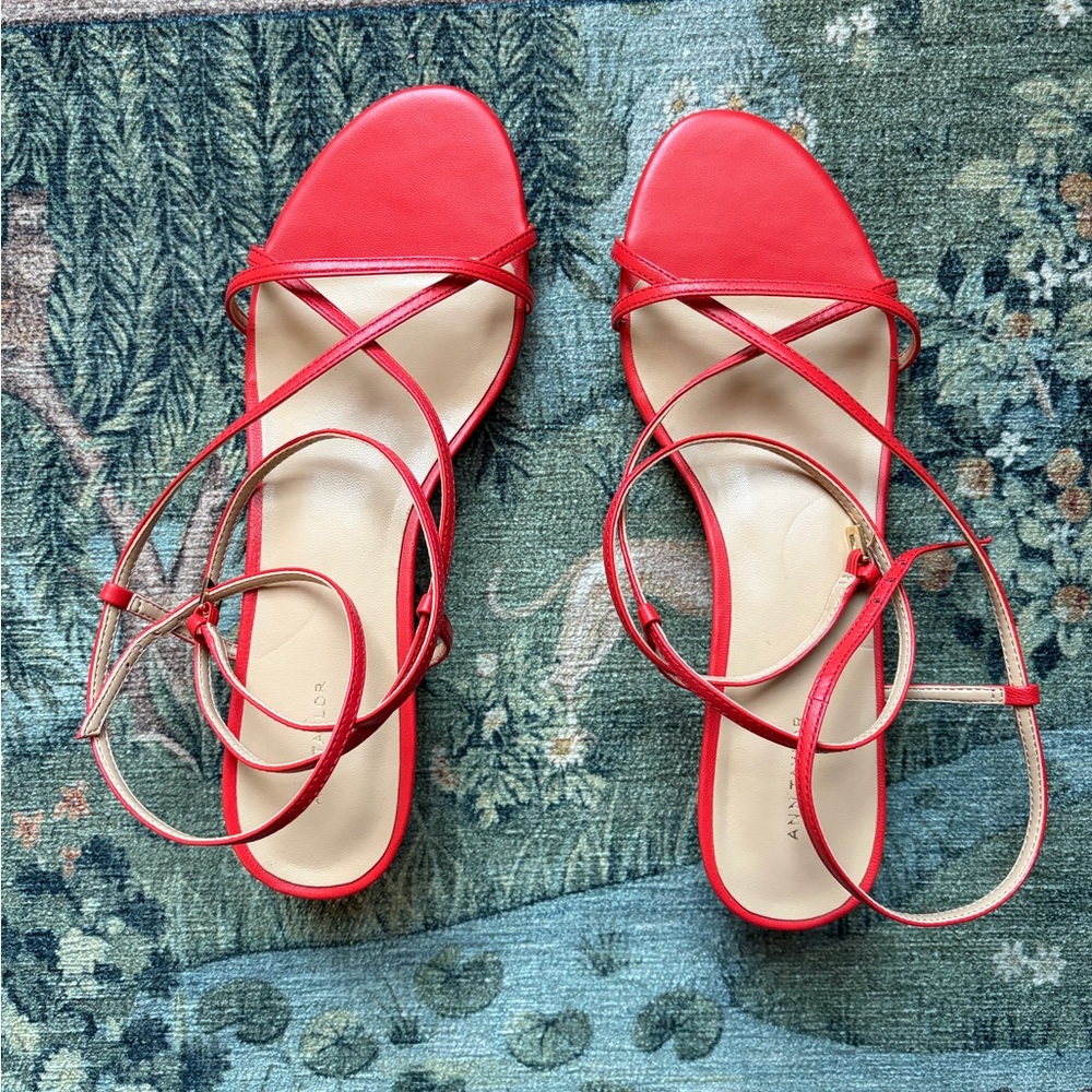 Ann Taylor Strappy Red Leather Kitten Heels